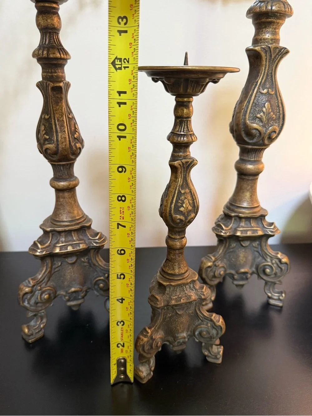 Antique Baroque Brass Alter Candle Holders - Set of 3
